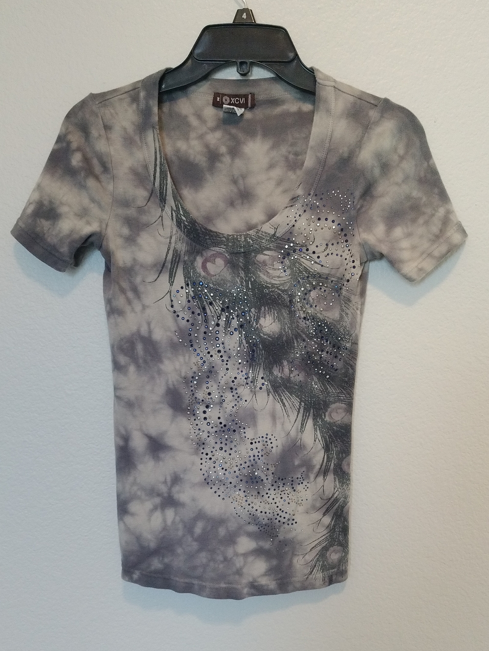 XCVI Gray Tie-Dye Scoop Neck Tee with Peacock Feather Detail